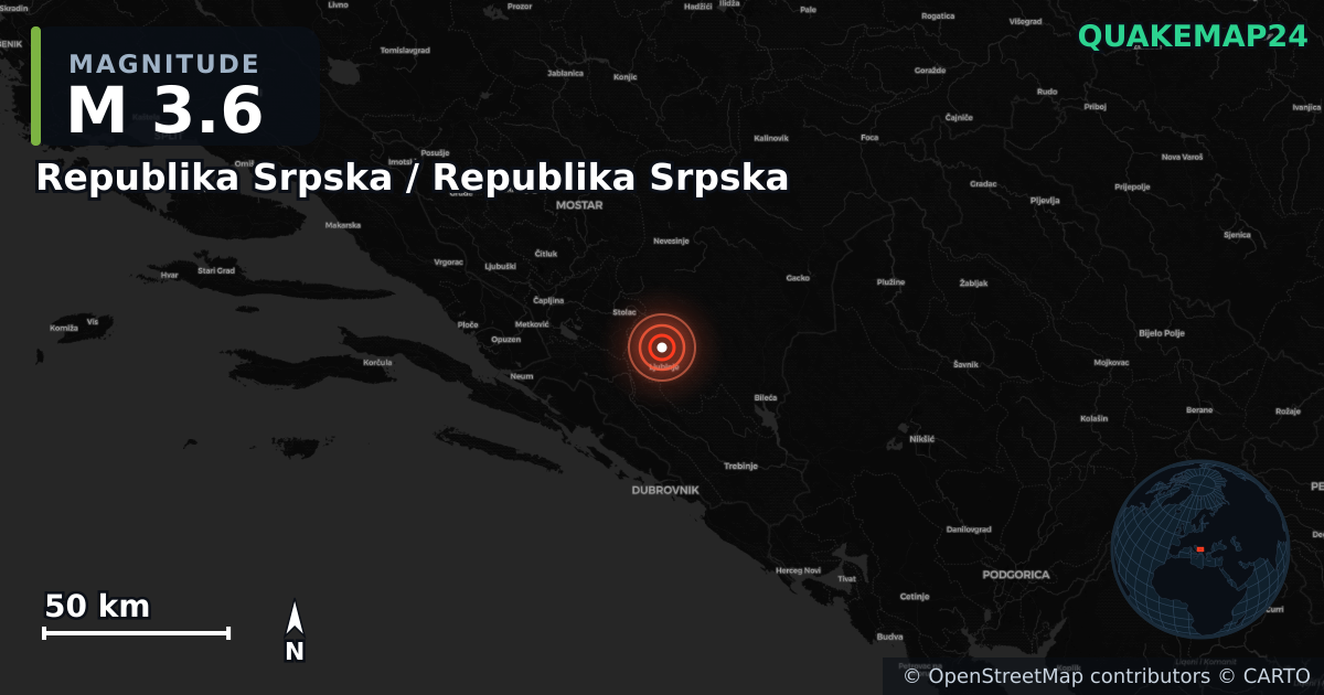 M3.6 earthquake near Republika Srpska / Republika Srpska on Dec 11, 2025 — map of epicenter and shaking intensity | QuakeMap24