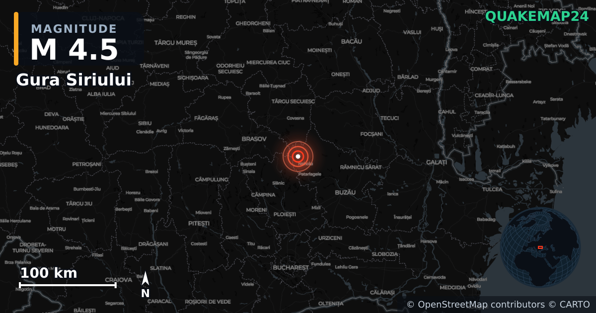 Σεισμός M4,5 κοντά στο Gura Siriului (Ρουμανία) · 2026-10-19 — Χάρτης της θέσης του επικέντρου