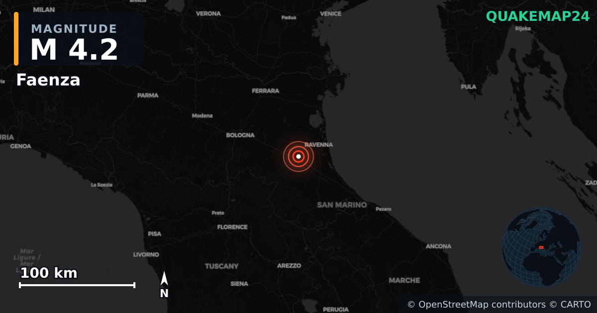 M4.2 earthquake near Faenza on Jan 13, 2026 — map of epicenter and shaking intensity | QuakeMap24
