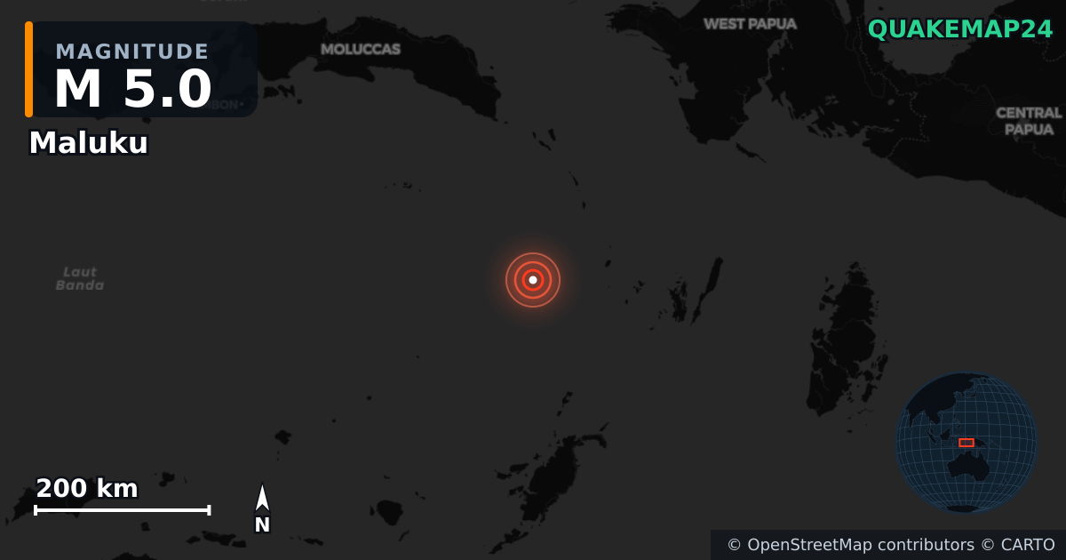 M5.0 earthquake near Maluku on Aug 13, 2025 — map of epicenter and shaking intensity | QuakeMap24
