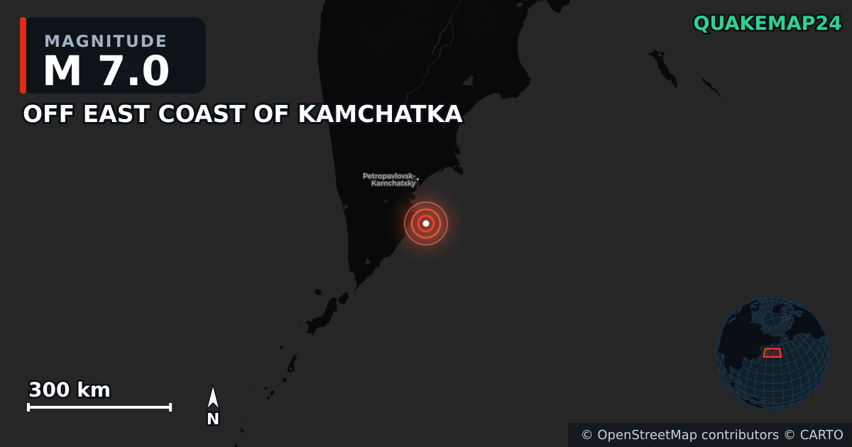 M7.0 earthquake near OFF EAST COAST OF KAMCHATKA on Jul 29, 2025 — map of epicenter and shaking intensity | QuakeMap24