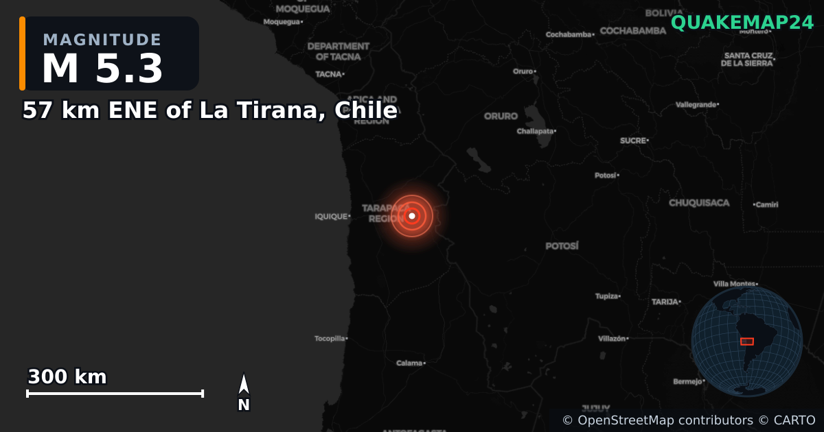 M5.3 earthquake near 57 km ENE of La Tirana, Chile on Mar 25, 2025 — map of epicenter and shaking intensity | QuakeMap24