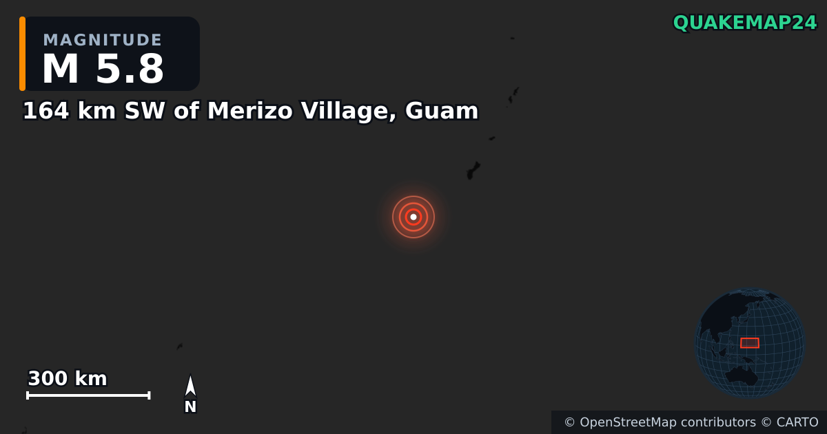 M5.8 Earthquake near 164 km SW of Merizo Village, Guam · 2025-11-04 — Map showing the location of the epicenter