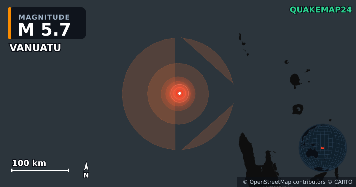 M5.7 Earthquake near 203 km WNW of Port-Olry, Vanuatu · 2026-10-19 — Map showing the location of the epicenter