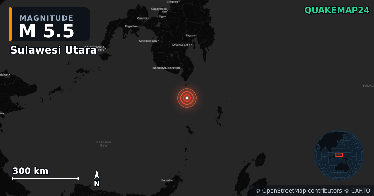 M5.5 earthquake near Sulawesi Utara on Jun 11, 2026 — map of epicenter and shaking intensity | QuakeMap24