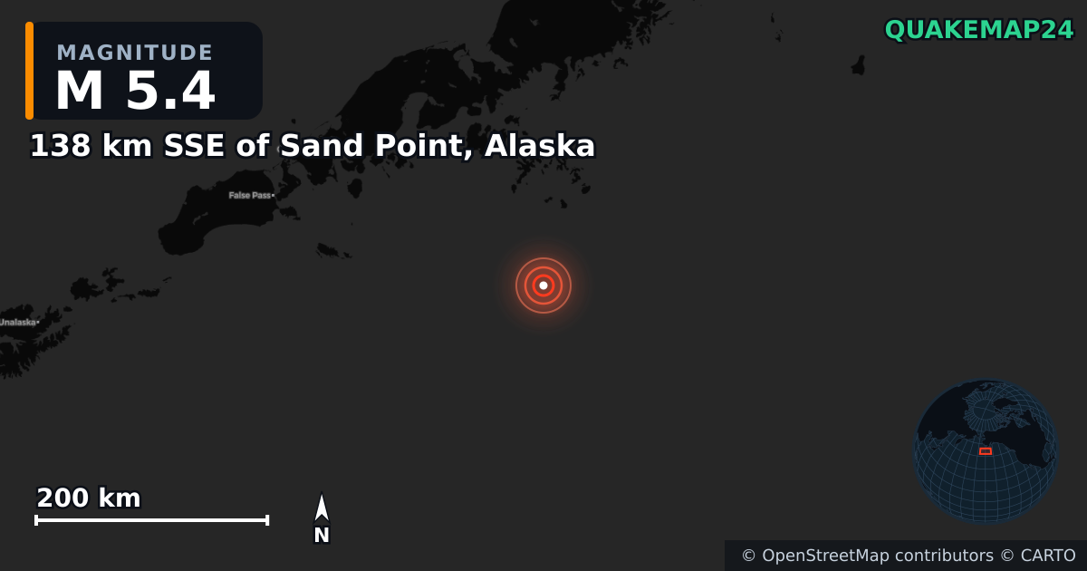 M5.4 earthquake near 138 km SSE of Sand Point, Alaska on May 17, 2025 — map of epicenter and shaking intensity | QuakeMap24