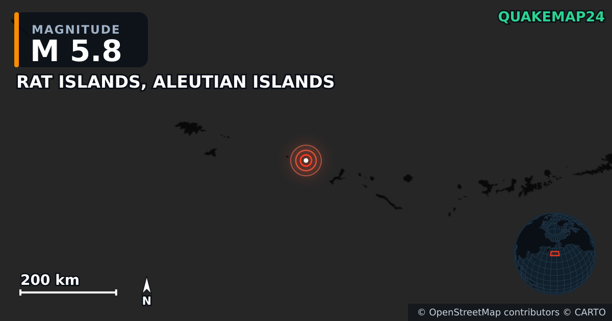 M5.8 earthquake near RAT ISLANDS, ALEUTIAN ISLANDS on May 6, 2026 — map of epicenter and shaking intensity | QuakeMap24