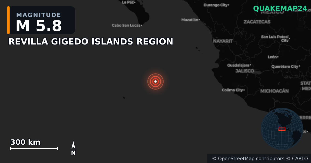 Σεισμός M5,8 κοντά στο REVILLA GIGEDO ISLANDS REGION · 2025-05-27 — Χάρτης της θέσης του επικέντρου