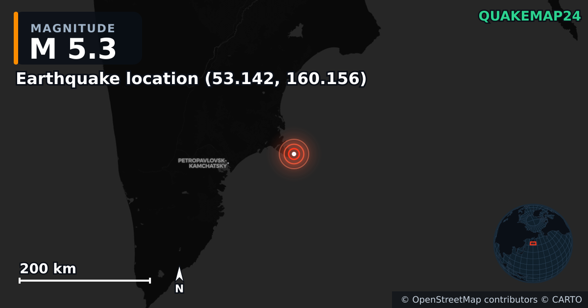 M5.3 earthquake near Deprem konumu (53.142, 160.156) on Sep 26, 2025 — map of epicenter and shaking intensity | QuakeMap24