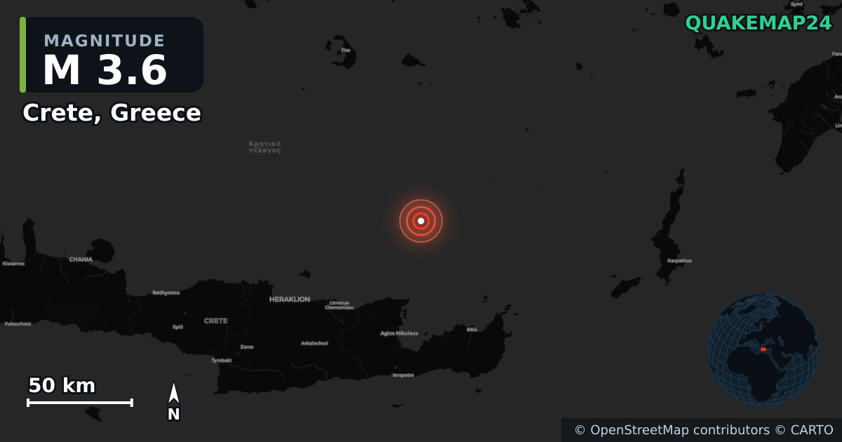 M3.6 earthquake near Crete, Greece on Aug 27, 2025 — map of epicenter and shaking intensity | QuakeMap24