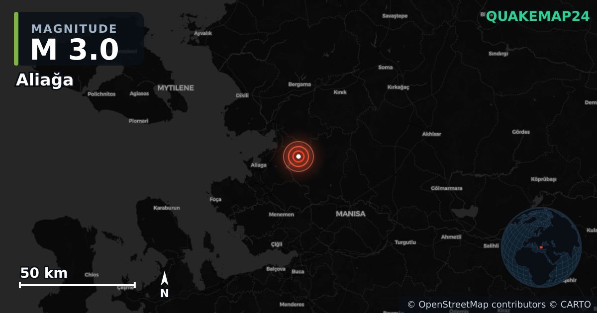 M3.0 earthquake near Aliağa on Jan 29, 2026 — map of epicenter and shaking intensity | QuakeMap24