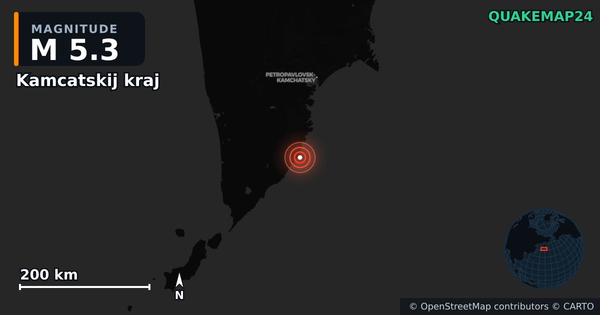 M5.3 earthquake near Kamcatskij kraj on Aug 4, 2025 — map of epicenter and shaking intensity | QuakeMap24