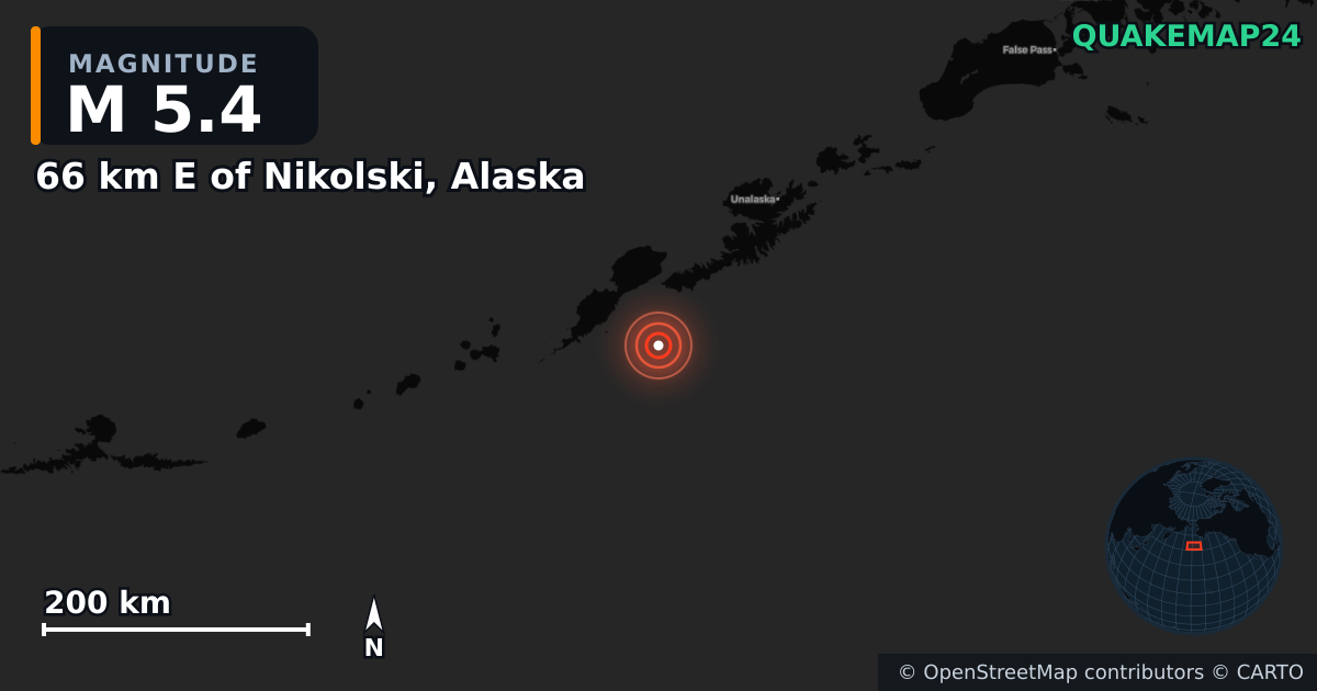 M5.4 earthquake near 66 km E of Nikolski, Alaska on Nov 25, 2025 — map of epicenter and shaking intensity | QuakeMap24