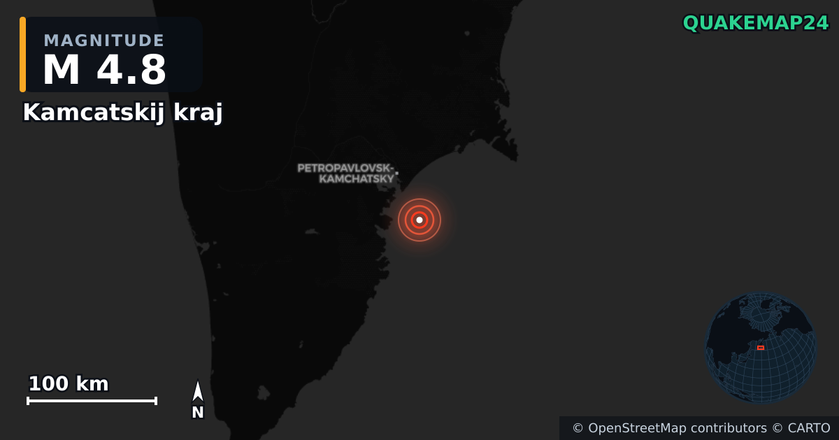 M4.8 earthquake near Kamcatskij kraj on Aug 17, 2025 — map of epicenter and shaking intensity | QuakeMap24