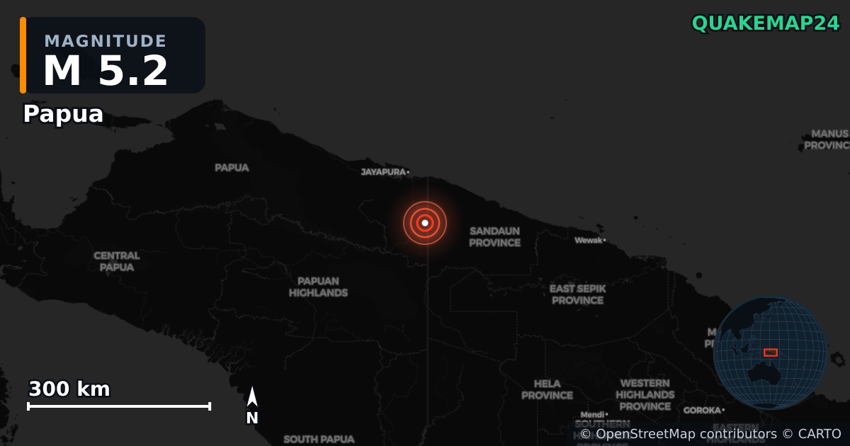 M5.2 earthquake near Papua on May 3, 2025 — map of epicenter and shaking intensity | QuakeMap24