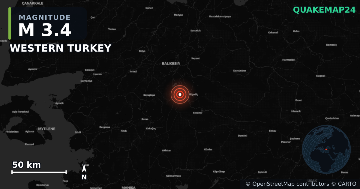 M3.4 earthquake near Bigadiç on Aug 1, 2026 — map of epicenter and shaking intensity | QuakeMap24