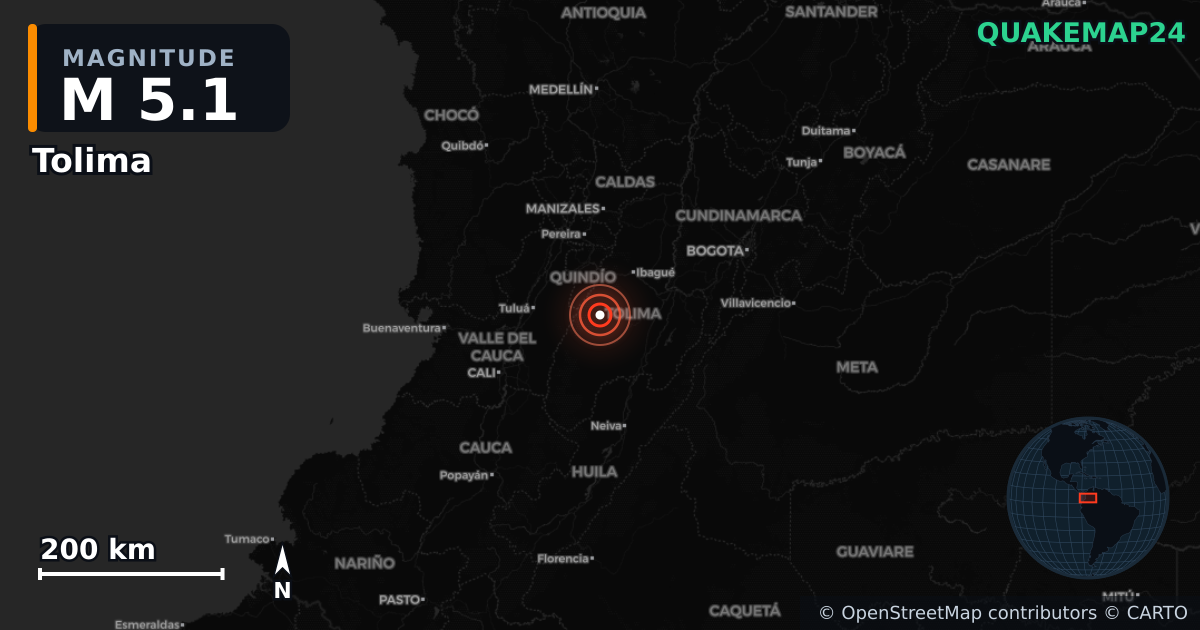 M5.1 earthquake near Tolima on Aug 11, 2025 — map of epicenter and shaking intensity | QuakeMap24