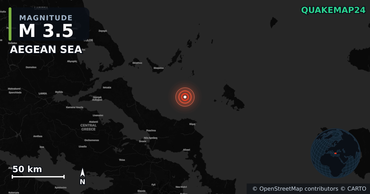 M3.5 earthquake near AEGEAN SEA on Sep 6, 2025 — map of epicenter and shaking intensity | QuakeMap24