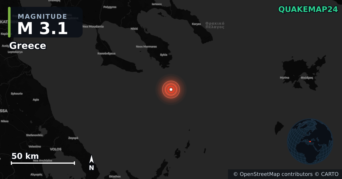 M3.1 earthquake near Greece on May 15, 2026 — map of epicenter and shaking intensity | QuakeMap24