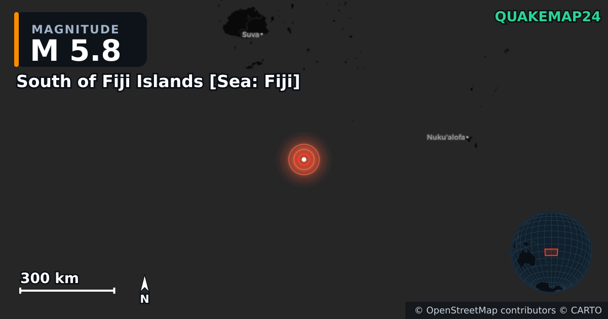 M5.8 earthquake near South of Fiji Islands [Sea: Fiji] on Feb 22, 2026 — map of epicenter and shaking intensity | QuakeMap24