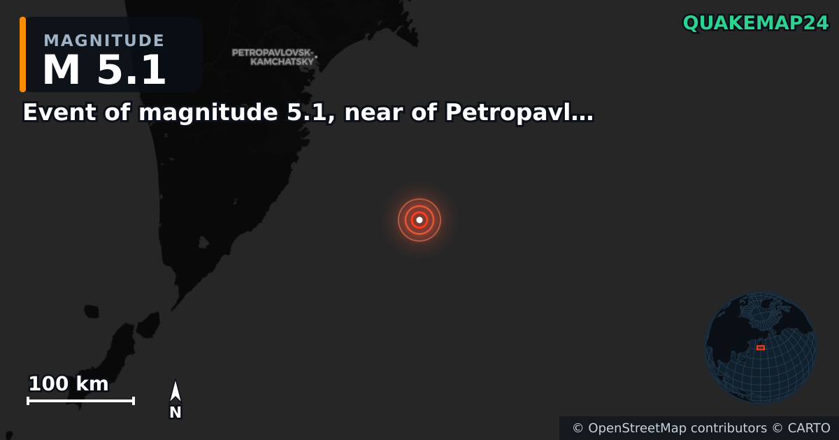 M5.1 earthquake near Event of magnitude 5.1, near of Petropavlovsk Kamchatskiy (Monde) on Oct 3, 2025 — map of epicenter and shaking intensity | QuakeMap24