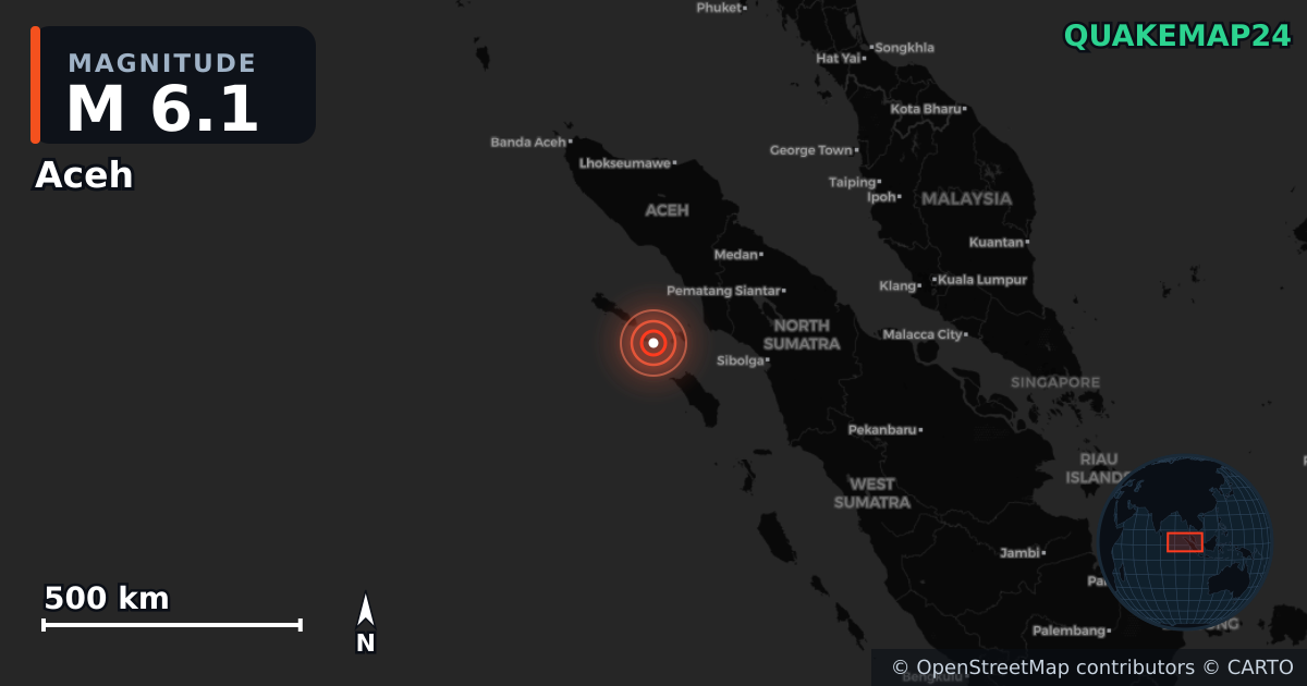 M6.1 earthquake near Aceh on Mar 3, 2026 — map of epicenter and shaking intensity | QuakeMap24