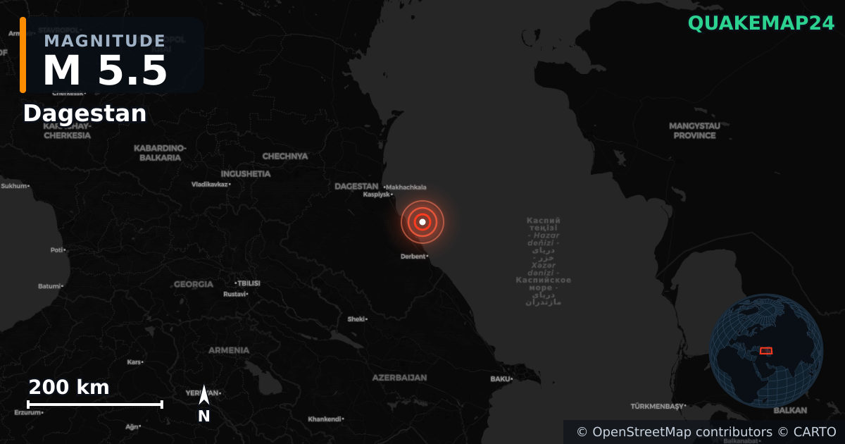 M5.5 earthquake near Dagestan on Aug 26, 2025 — map of epicenter and shaking intensity | QuakeMap24