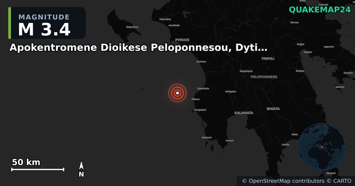 M3.4 earthquake near Apokentromene Dioikese Peloponnesou, Dytikes Elladas kai Ioniou on May 3, 2025 — map of epicenter and shaking intensity | QuakeMap24