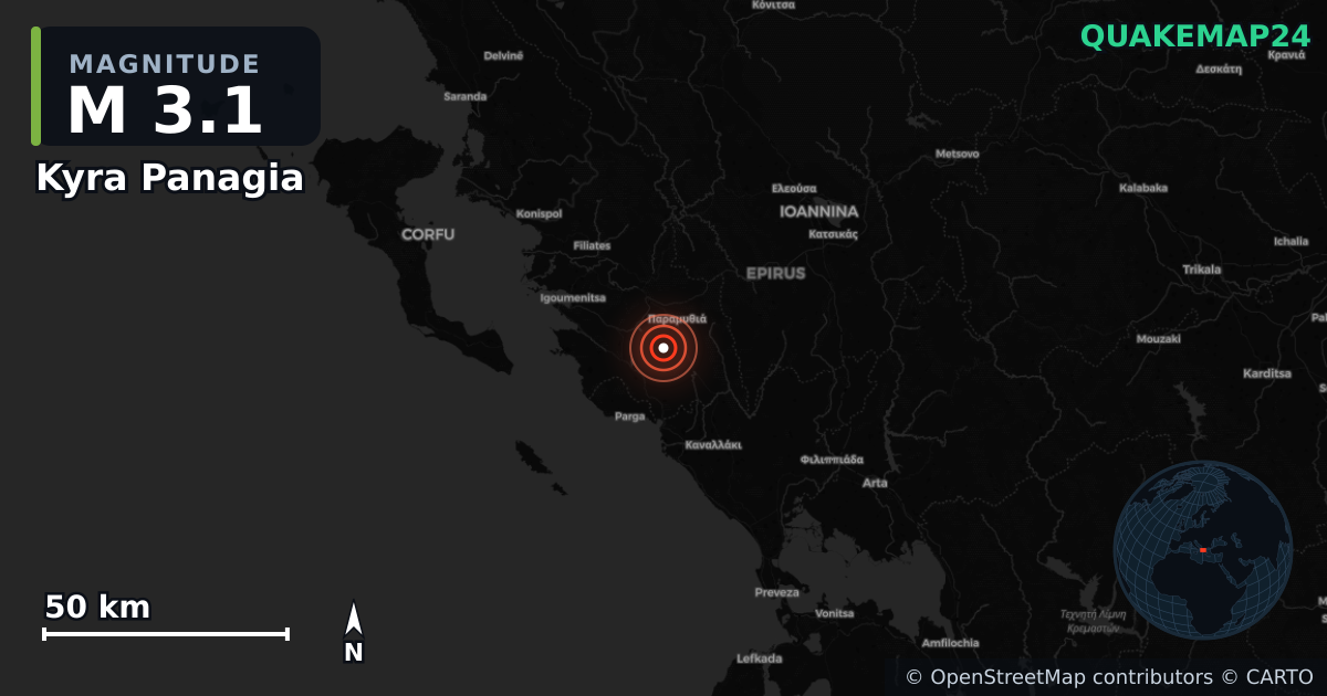 M3.1 earthquake near Kyra Panagia on Jun 4, 2026 — map of epicenter and shaking intensity | QuakeMap24