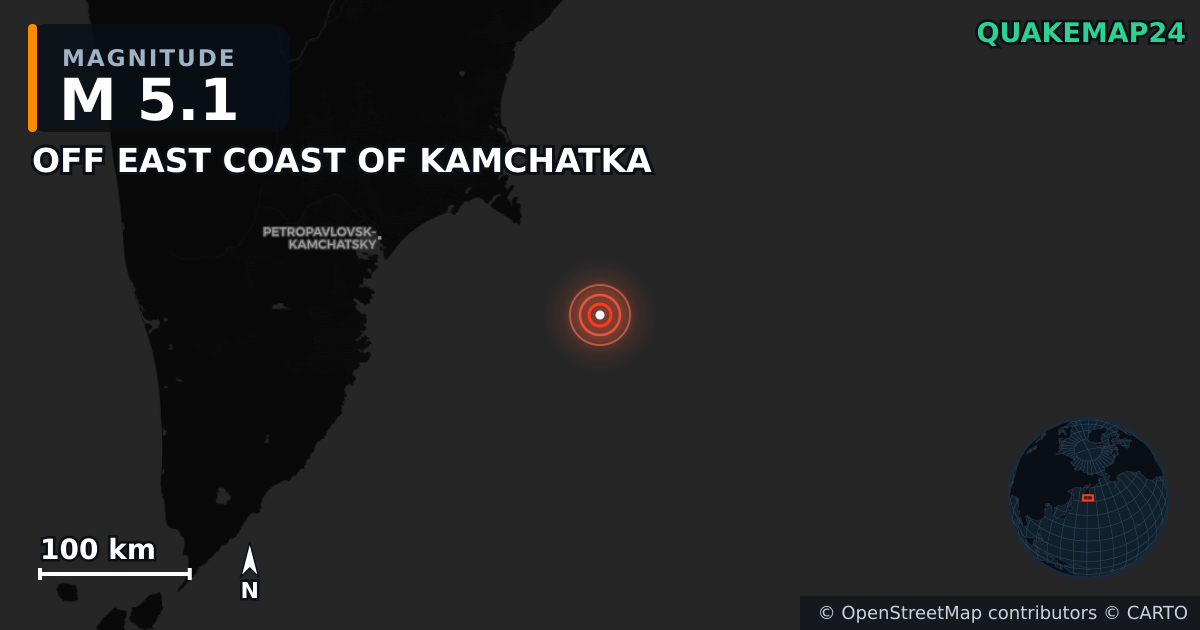 M5.1 earthquake near OFF EAST COAST OF KAMCHATKA on Sep 19, 2025 — map of epicenter and shaking intensity | QuakeMap24
