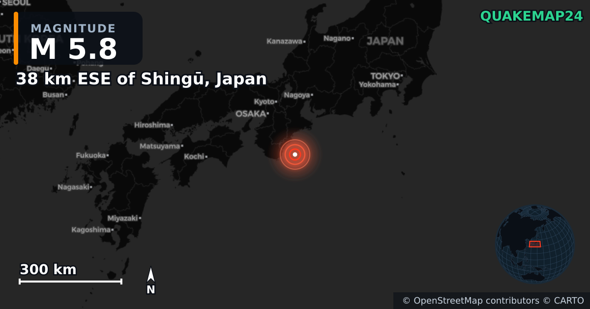 M5.8 earthquake near 38 km ESE of Shingū, Japan on Feb 26, 2025 — map of epicenter and shaking intensity | QuakeMap24