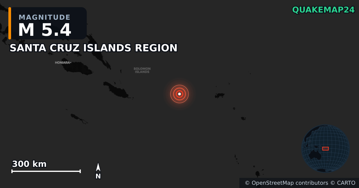 M5.4 earthquake near SANTA CRUZ ISLANDS REGION on May 22, 2026 — map of epicenter and shaking intensity | QuakeMap24