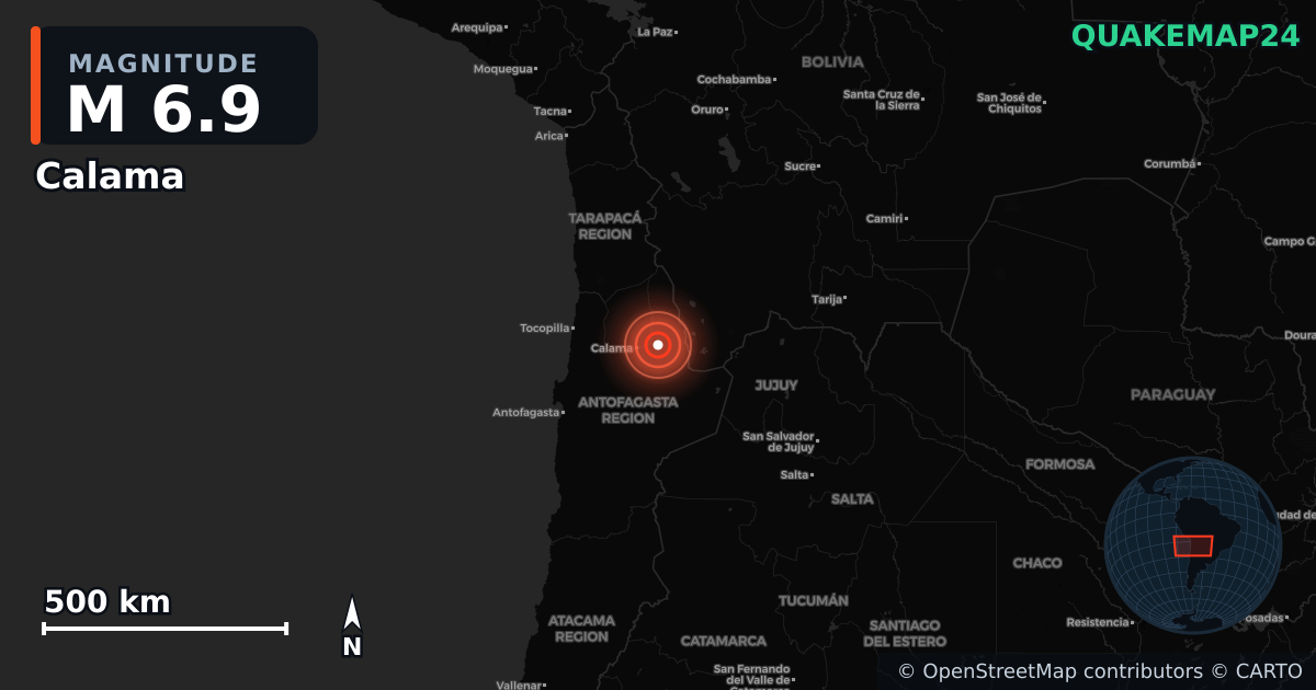 M6.9 earthquake near Calama on May 25, 2026 — map of epicenter and shaking intensity | QuakeMap24