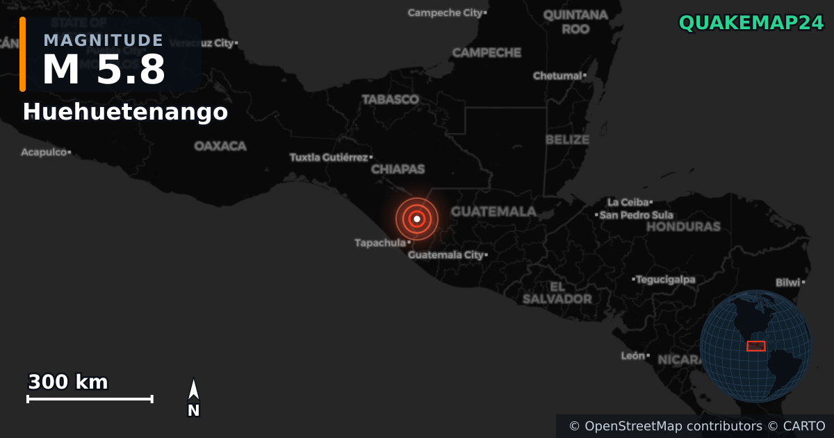 M5.8 earthquake near Huehuetenango on Nov 28, 2025 — map of epicenter and shaking intensity | QuakeMap24