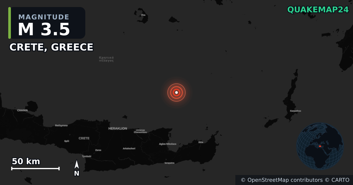 M3.5 earthquake near CRETE, GREECE on May 26, 2025 — map of epicenter and shaking intensity | QuakeMap24