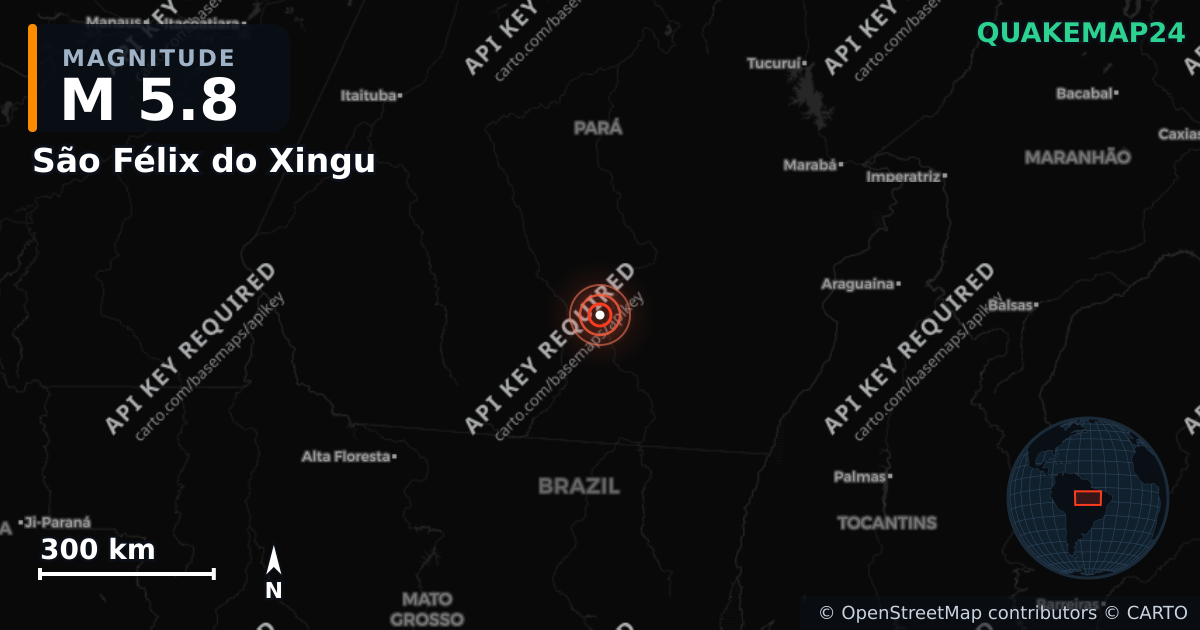 M5.8 earthquake near São Félix do Xingu on May 25, 2026 — map of epicenter and shaking intensity | QuakeMap24