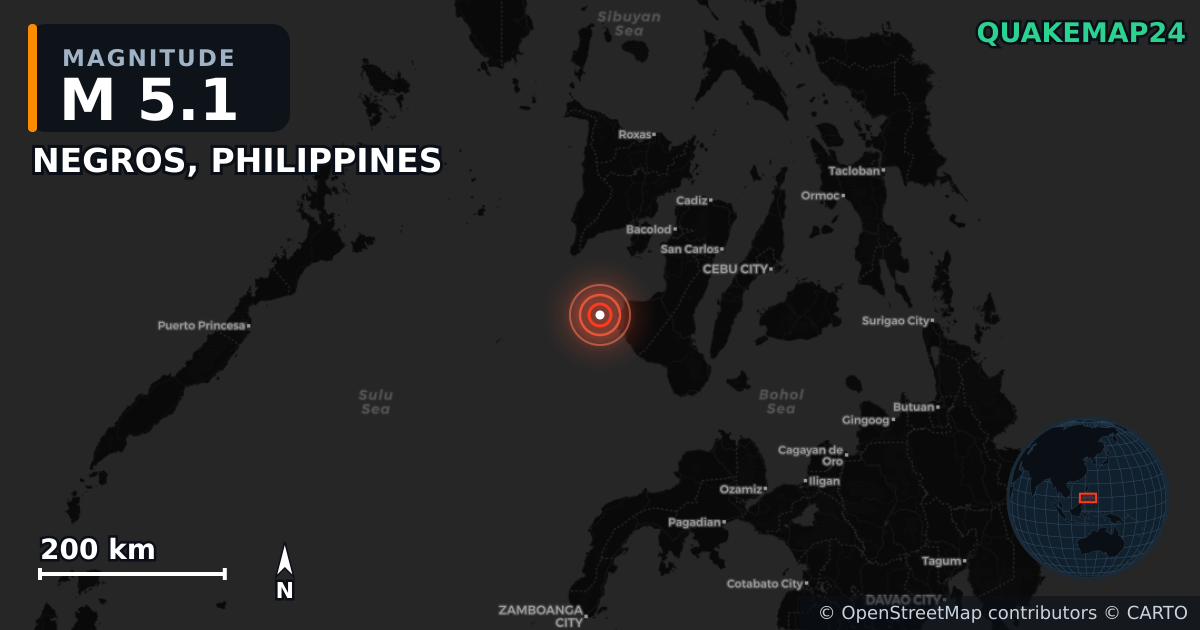 M5.1 earthquake near NEGROS, PHILIPPINES on May 17, 2025 — map of epicenter and shaking intensity | QuakeMap24