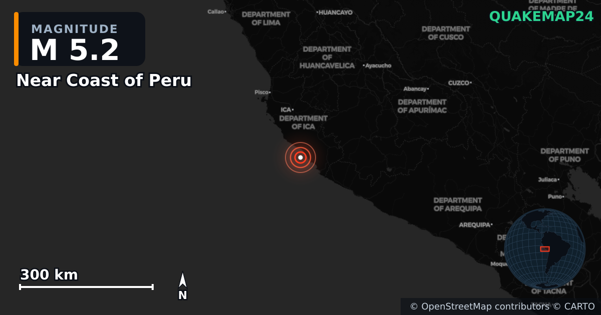 M5.2 earthquake near Near Coast of Peru on May 8, 2026 — map of epicenter and shaking intensity | QuakeMap24