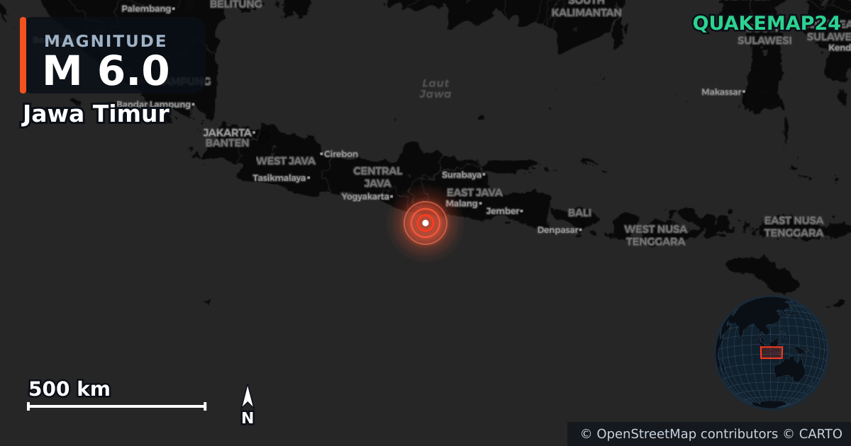 M6.0 earthquake near Jawa Timur on Feb 5, 2026 — map of epicenter and shaking intensity | QuakeMap24