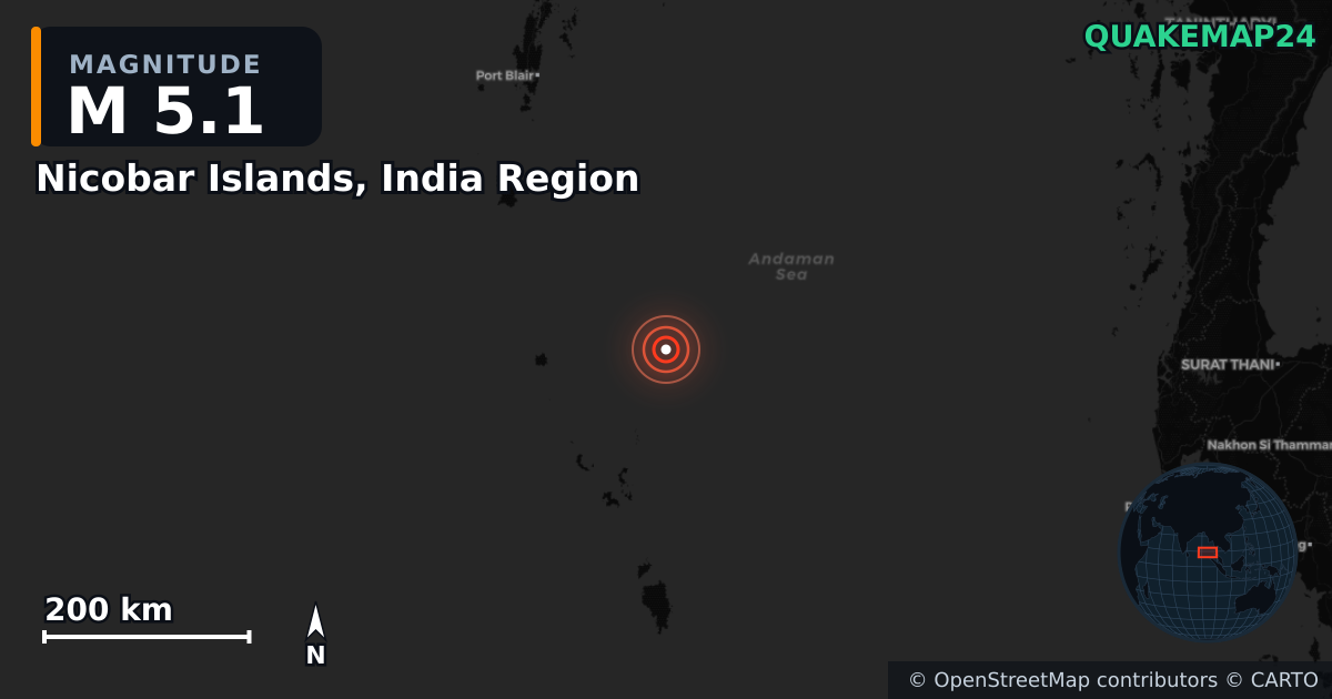 Nicobar Islands, India Region yakınında M5,1 deprem — Deprem merkez üssünün konumunu gösteren harita