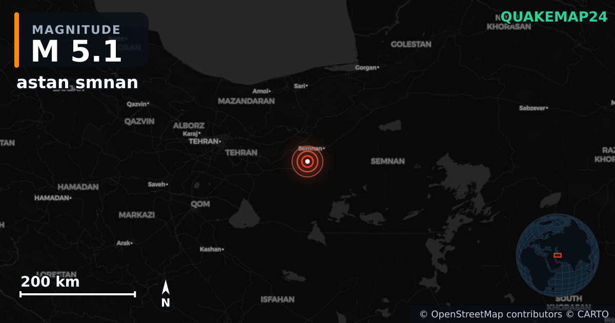 M5.1 earthquake near astan smnan on Jun 20, 2025 — map of epicenter and shaking intensity | QuakeMap24