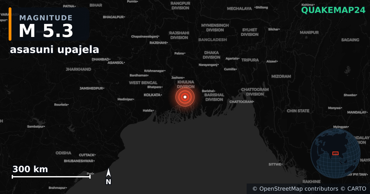 M5.3 earthquake near asasuni upajela on Feb 27, 2026 — map of epicenter and shaking intensity | QuakeMap24