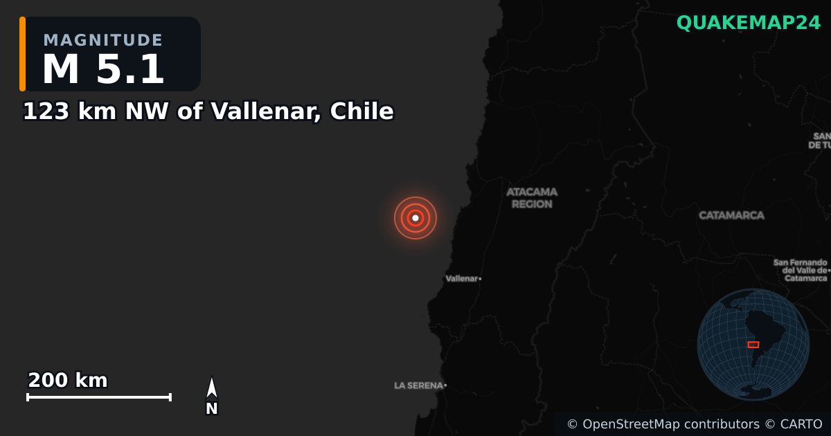 Sismo de M5,1 perto de 123 km NW of Vallenar, Chile — Mapa da localização do epicentro
