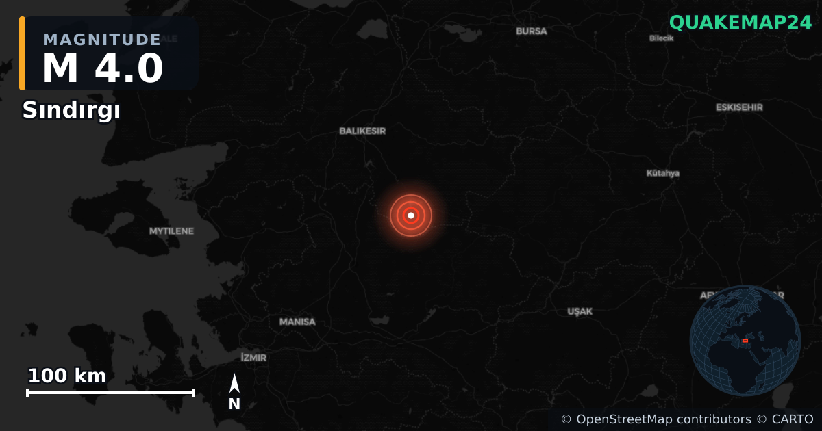 M4.0 earthquake near Sındırgı on Sep 1, 2025 — map of epicenter and shaking intensity | QuakeMap24