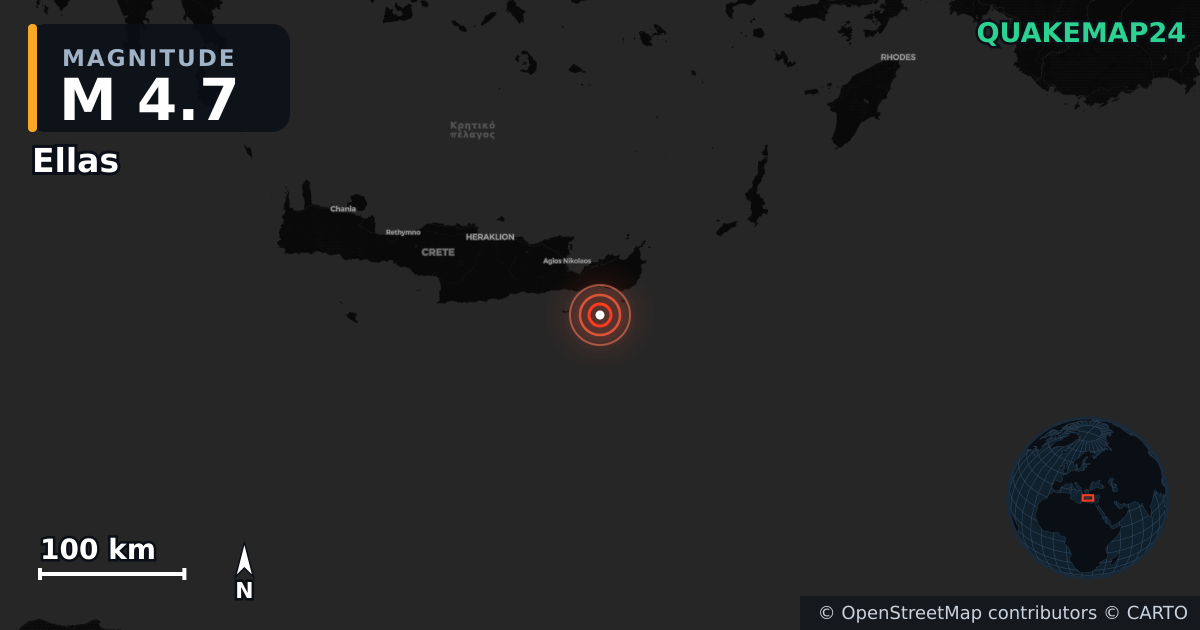 M4.7 earthquake near Ellas on Apr 24, 2026 — map of epicenter and shaking intensity | QuakeMap24