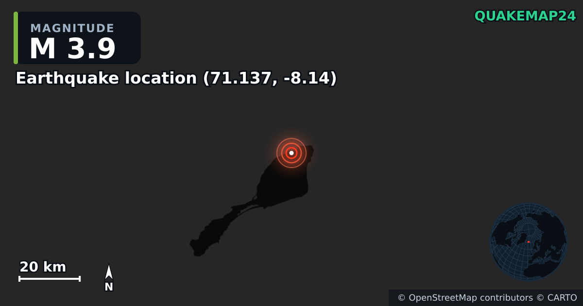 M3.9 earthquake near Earthquake location (71.137, -8.14) on Mar 10, 2025 — map of epicenter and shaking intensity | QuakeMap24