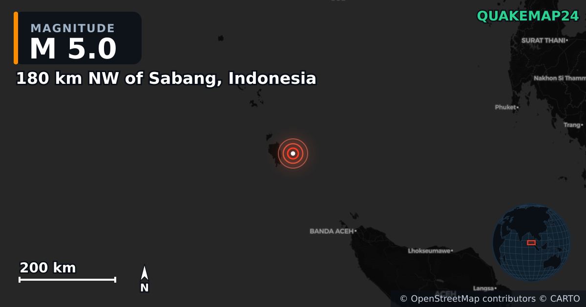 M5.0 earthquake near 180 km NW of Sabang, Indonesia on Aug 9, 2026 — map of epicenter and shaking intensity | QuakeMap24
