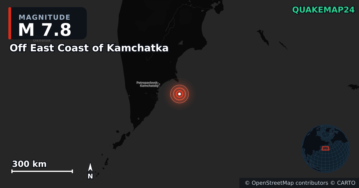M7.8 earthquake near Off East Coast of Kamchatka on Jul 29, 2025 — map of epicenter and shaking intensity | QuakeMap24