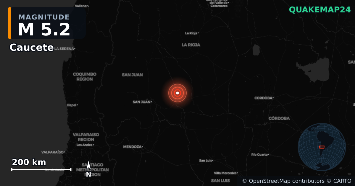 M5.2 earthquake near Caucete on Jan 8, 2026 — map of epicenter and shaking intensity | QuakeMap24