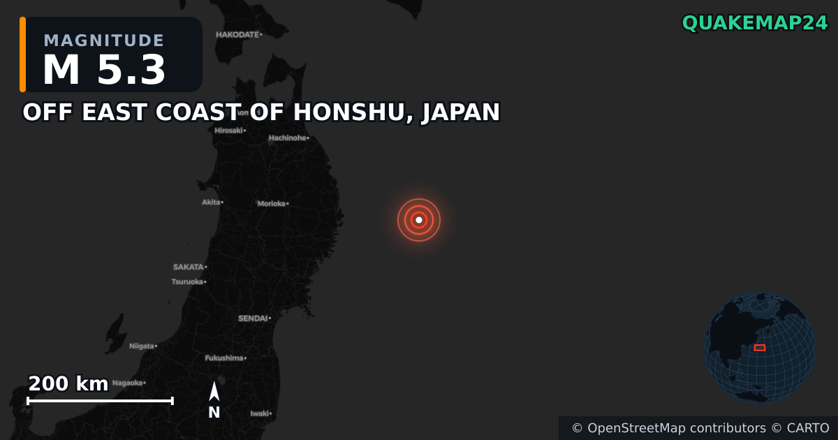 M5.3 earthquake near OFF EAST COAST OF HONSHU, JAPAN on Nov 8, 2025 — map of epicenter and shaking intensity | QuakeMap24